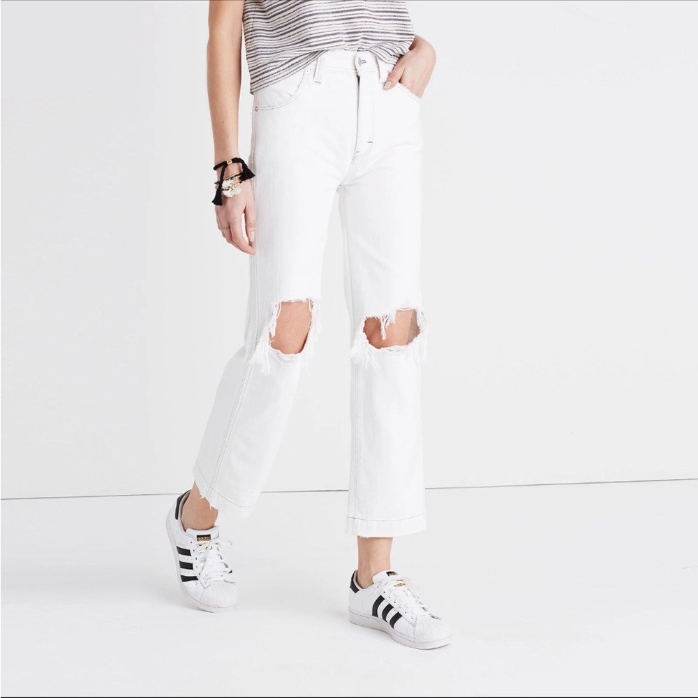 Madewell x Where I was from slim straight white distressed jeans cropped size 29